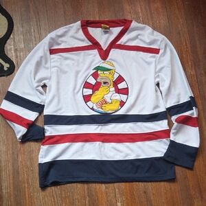 White, Red & Navy Men’s Hockey-Style Jersey with Cartoon Patch